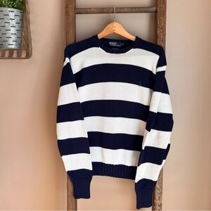 Polo Ralph Lauren Men’s Navy and Cream Striped Crewneck Sweater